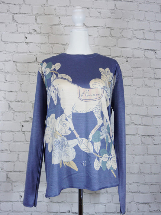 Ronner Design Blue Crewneck Sweater with Floral Horse Design - XL