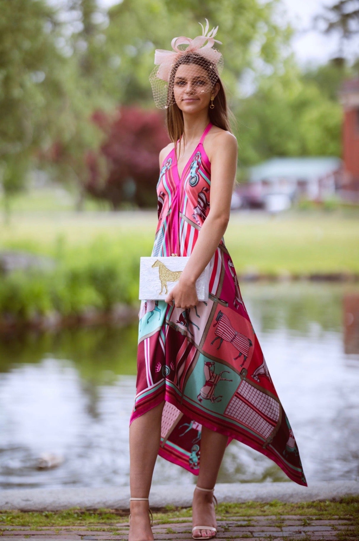 Equestrian Satin Halter Dress Pink